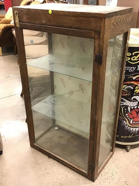 Antique Oak Countertop Display Cabinet - Glass