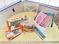 Miscellaneous kids books crayons wicker basket