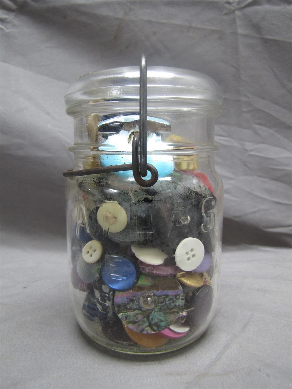 Vintage Atlas Mason Jar Filled with Buttons