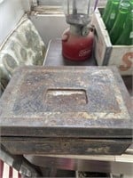 RUSTIC BOX WITH OIL CAN AND OTHER ITEMS