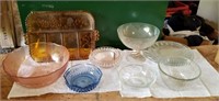 Serving dishes, Amber, blue, pink & clear