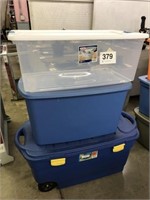 3 large storage totes: Rubbermaid 45 gallon on