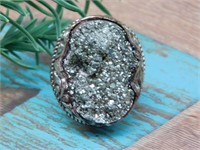 ADJUSABLE PYRITE RING WITH INTRICATE TOOLING