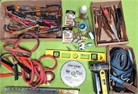 TABLE LOT ASSORTED TOOLS CABLES DRILL BITS MORE