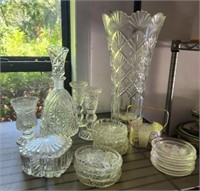 ASSORTED GLASS DECANTER, COASTERS, VASE