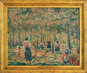 F. Pisani Figural Landscape Oil on Canvas Board