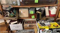 Shelf lot with coolers, tools, cords, and more
