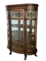 Oak Curved Glass China Cabinet w Leaded Panes