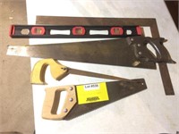 Wood saws, square, & level