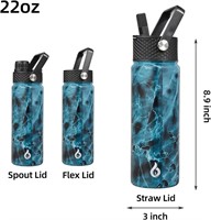 Insulated Water Bottle with Straw 22oz +3 Lids