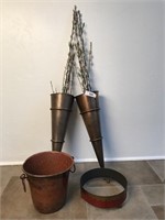 2 Metal Wall Cones, Pail & Plant Stand
