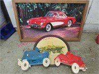 framed corvette print & clock -chalk cars -tray