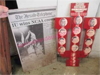 wooden IU sign & metal HT newspaper "IU wins"