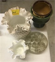 2 PCS OF MILK GLASS, FROG AND A VASE