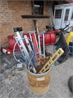 Barrel oh long handle tools, 4' levels, saws,