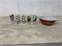 PEPSI LOONEY TUNE GLASSES AND PYREX BOWL