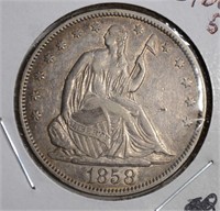 1858 SEATED HALF DOLLAR, XF/AU