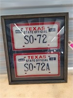 2 framed Texas state official license plates 19x17