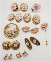 (H) Porcelain Rose Pierced Earrings, Brooches and
