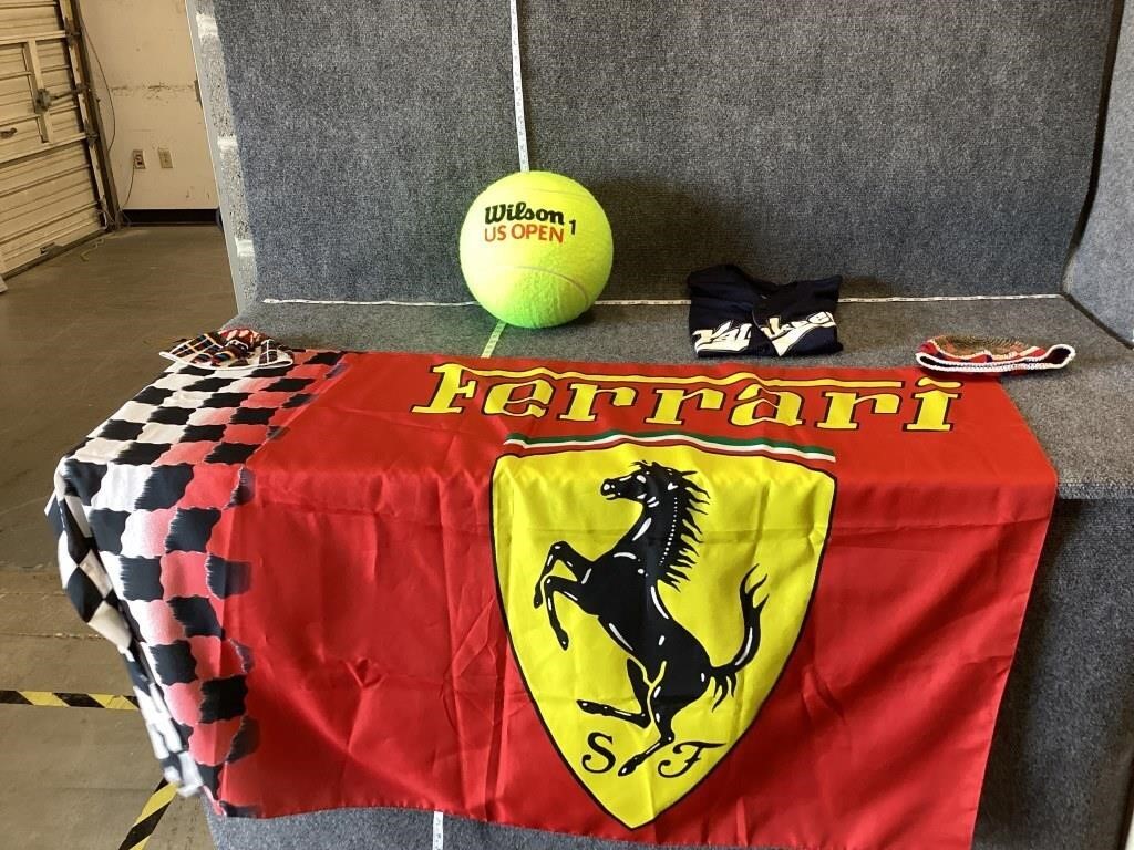 Tennis Ball, Hats, Yankees Jersey + Ferrari Flag