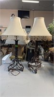 PAIR OF MATCHING IRON TABLE LAMPS W/ BEADED SHADES