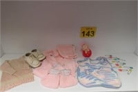 Vintage Baby Items w/ Piggy Rattle, Bib & More
