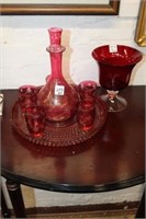 8pc Cranberry cut to Clear Decanter Set &