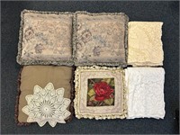 4 Throw Pillows, 2 Lace Table Cloths and Doily