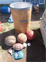 Storage Barrel w/ Baseball, Softball, Glove,