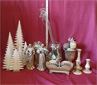 Assortment of gold angels, candlestick, trees,