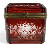 Colored Cut Glass Dresser Box w/ Floral Design