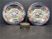 2 Metal Decorative Trays and Empty Powder Tin