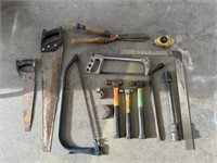 Hammers, square, saws, shears, chalk line,