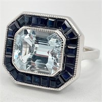 14K Gold Aquamarine & Sapphire Ring
