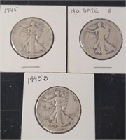 3 WALKING LIBERTY HALF DOLLARS 1945, 45 D, ND - S
