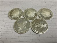 5, 1 OZ Silver Bullion Coins, 3 Liberty 1 Apmex 1