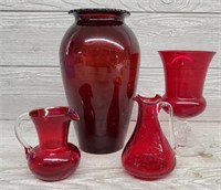 (4) Ruby Red Vases & Pitchers