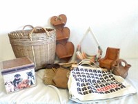 Wood decor shelf, basket, & chair with purses,