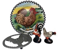 Rooster Salt and Pepper and Trivet