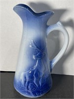 LARGE PITCHER WITH STAG DEER FLOW BLUE STYLE WITH