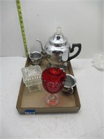 trinket box, goblet, cream/sugar set, kettle