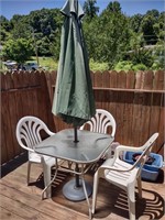 Outdoor Table, 3 Chairs, Umbrella