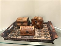 Wicker Tray & Trio of Latched Boxes