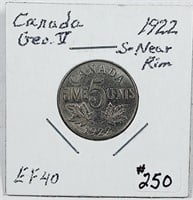 1922  S near rim  Canada  5 Cents   EF