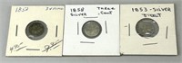 1852, 1853, 1858 Silver Three-Cent Pieces.
