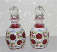 Pair of cased glass floral enamel perfume