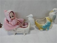 2 vintage children's planters with doll