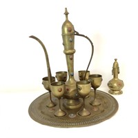 (9) Piece Jeweled Brass Turkish Tea Set