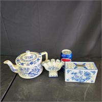 Blue and white painted teapot and vases