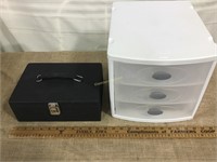 Black lockbox and plastic 3 drawer box